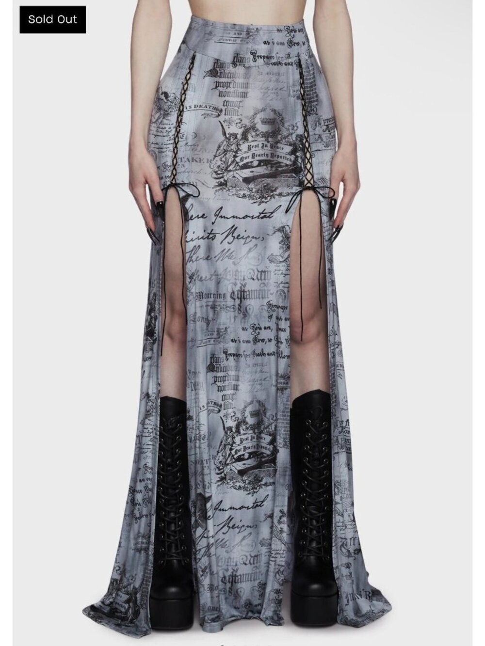 Widow Gothic Lace-Up Maxi Skirt Festival Size M Gray Graphic Split Skirt